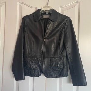 Ann Taylor 100% Genuine Leather Black Blazer Jacket Petite S EUC